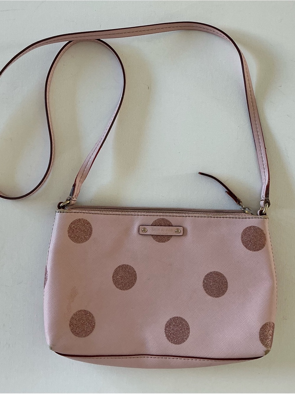 Kate Spade New York Pink Glitter Polka Dot Crossbody Purse Small Saffiano Leathe